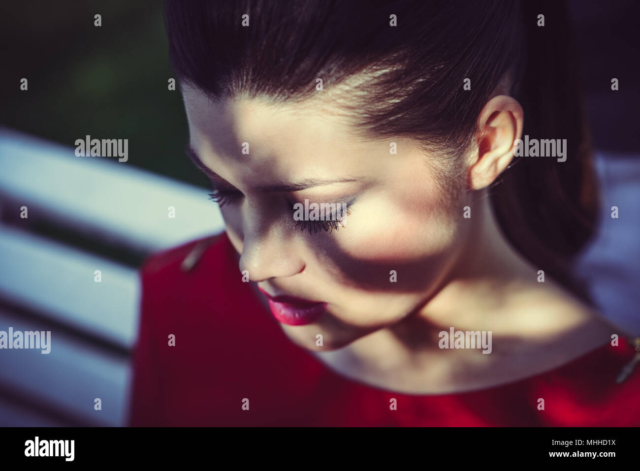 Portrait of beautiful japanese woman in urban background Stock Photo