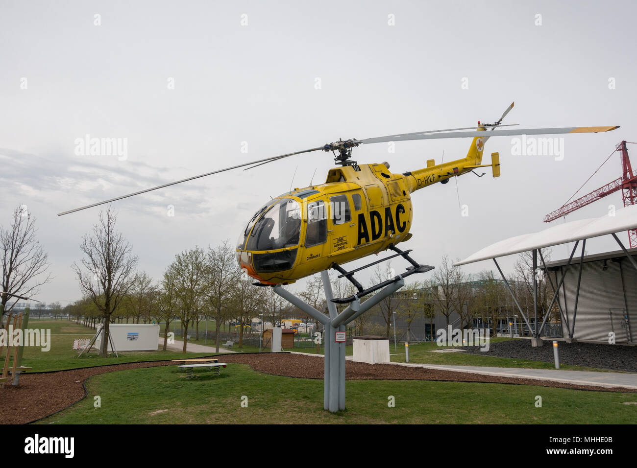 An old ADAC Rescue Helicopter in the Visitors Park at Munich Airport, (Besucherpark des Flughafen München), Munich, Germany. Stock Photo