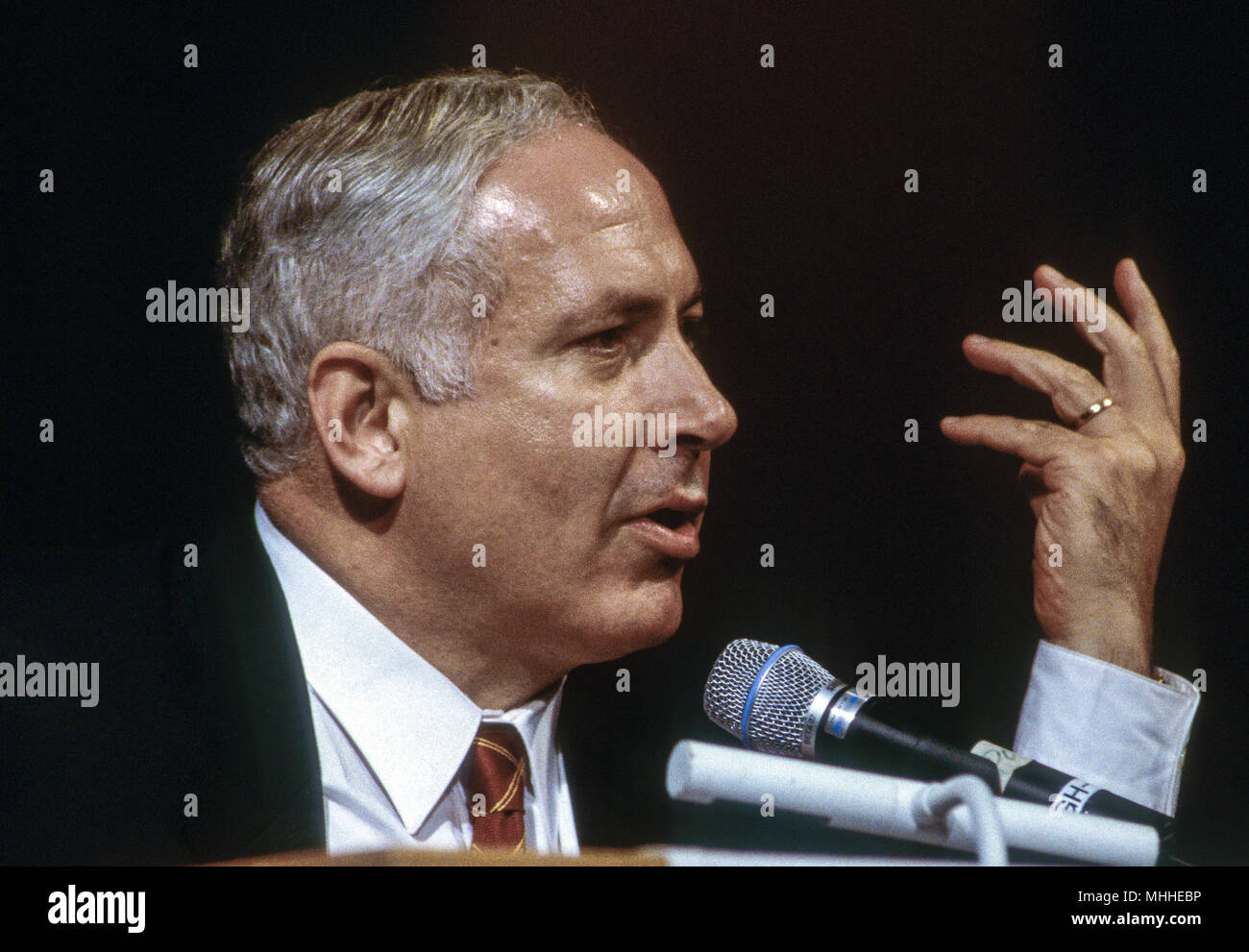 Washington, DC. USA, 14th May, 1998 Israeli Prime Minister Benjamin Netanyahu during an address to the Washington Institute for Near East Policy. Benjamin 'Bibi' Netanyahu is the current Prime Minister of Israel. He also currently serves as a member of the Knesset and Chairman of the Likud party. Born in Tel Aviv to secular Jewish parents, Netanyahu is the first Israeli prime minister born in Israel after the establishment of the state. Stock Photo