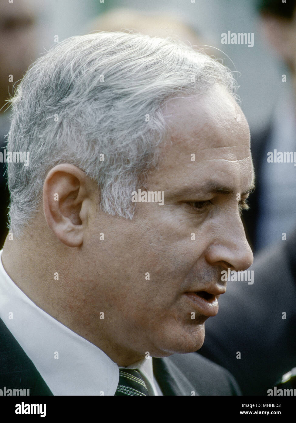 Washington, DC. USA, 9th July 1996  Israeli Prime Minister Benjamin Netanyahu speaks with reporters in the West Wing driveway of the White House during his visit to meet with President William Clinton. Benjamin 'Bibi' Netanyahu is the current Prime Minister of Israel. He also currently serves as a member of the Knesset and Chairman of the Likud party. Born in Tel Aviv to secular Jewish parents, Netanyahu is the first Israeli prime minister born in Israel after the establishment of the state. Stock Photo