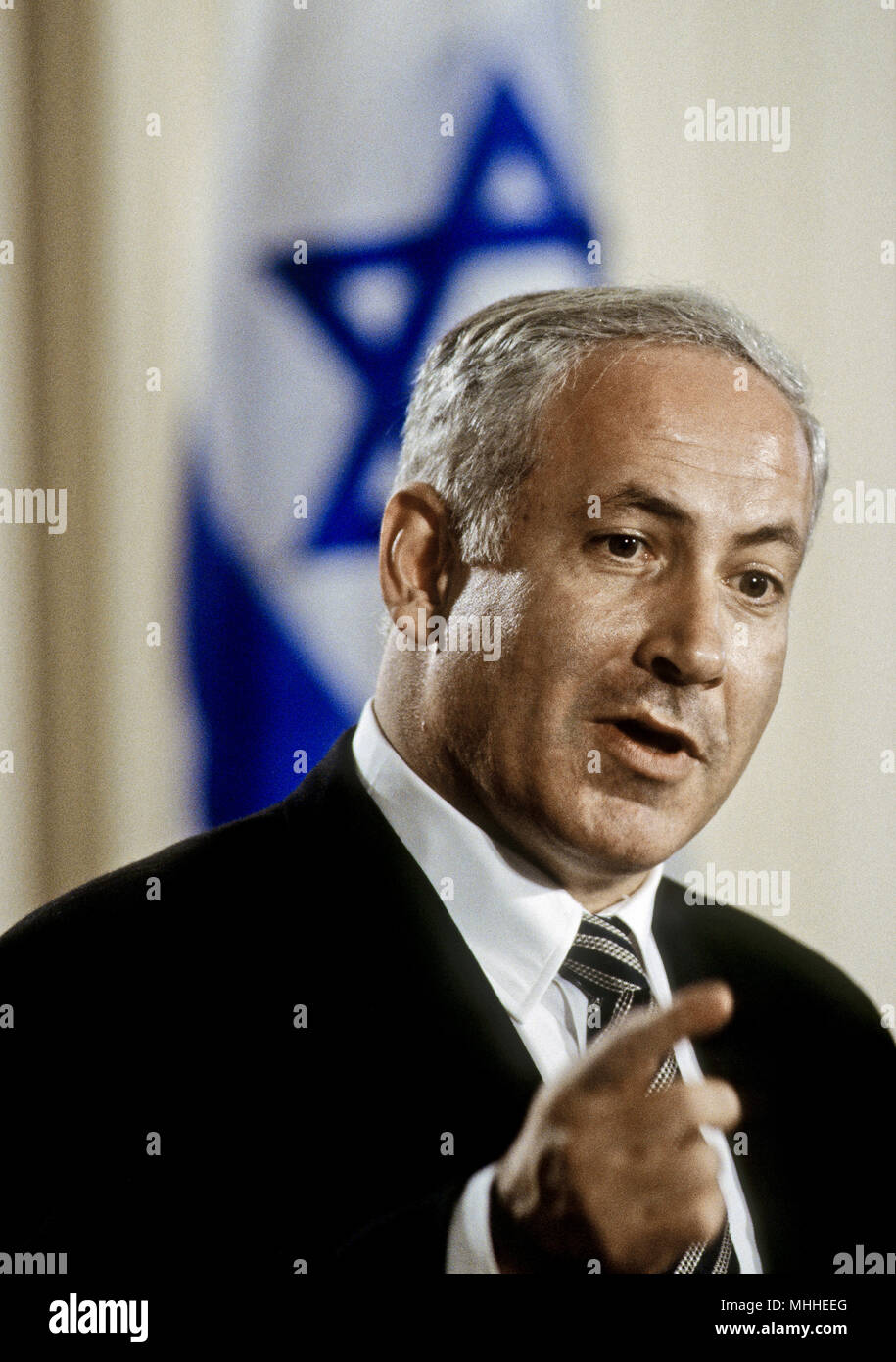 Washington, DC. USA,  July 9, 1996  Israeli Prime Minister Benjamin Netanyahu answers reporters questions during a formal joint news conference with President WIlliam Jefferson Clinton in the East Room of the White House. Stock Photo