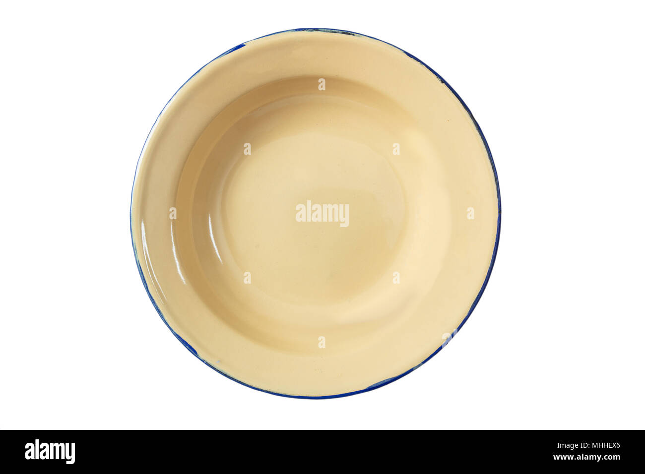 Empty enamel bowl plate with blue line isolated on white background, top view Stock Photo