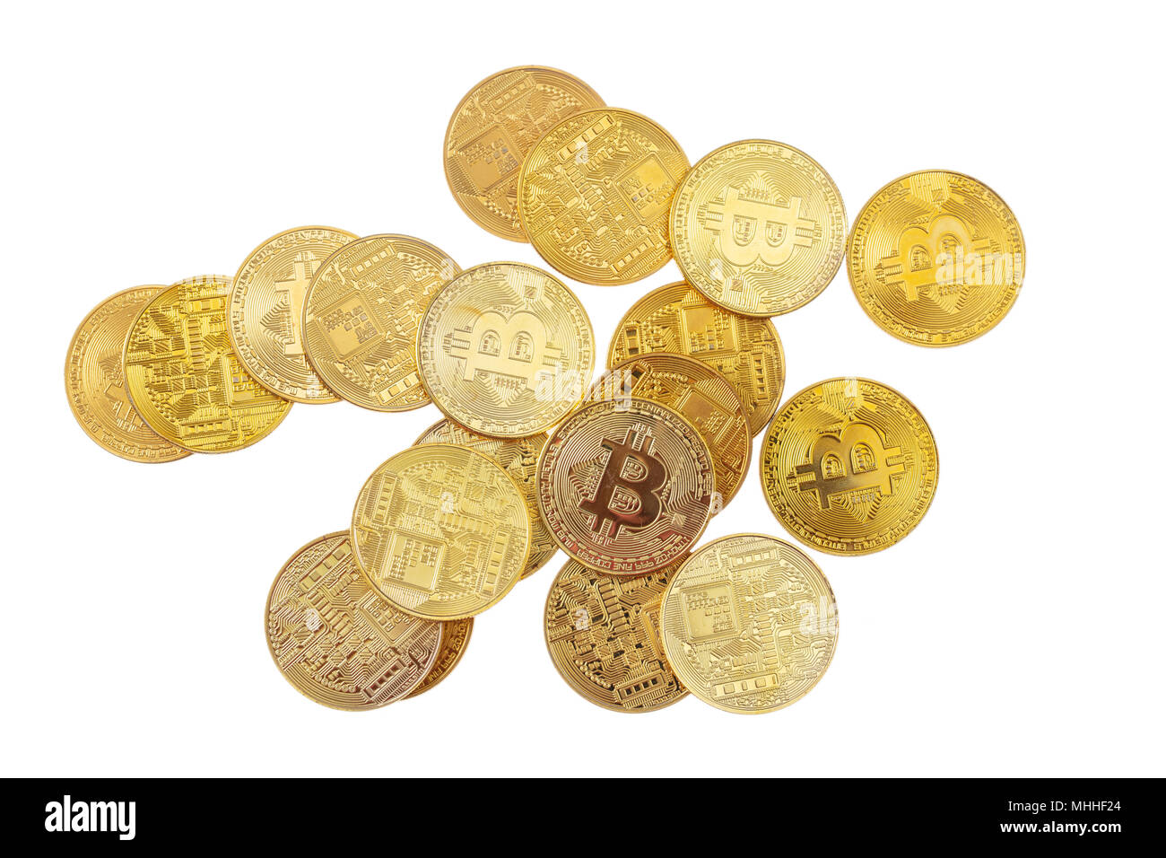 Bitcoins heap, cryptocurrency isolated on white background, top view Stock Photo