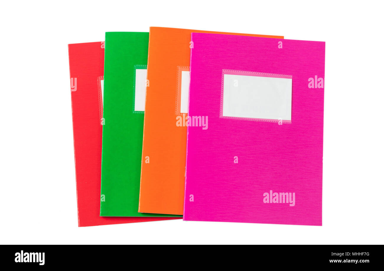 School notebooks stack, old fashioned, isolated on white background, blank label, space for text, top view Stock Photo