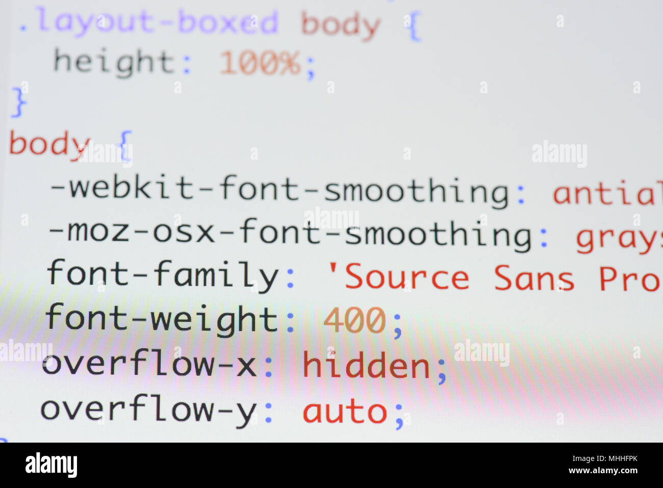 Real css code developing screen. Programing workflow abstract algorithm concept. Lines of css code visible. Stock Photo