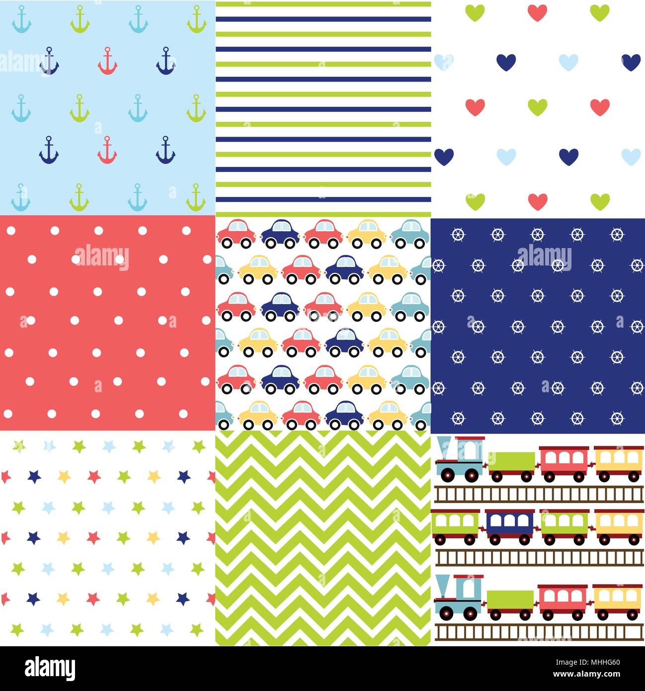 Cute set of Baby Boy seamless patterns with fabric textures Stock Vector