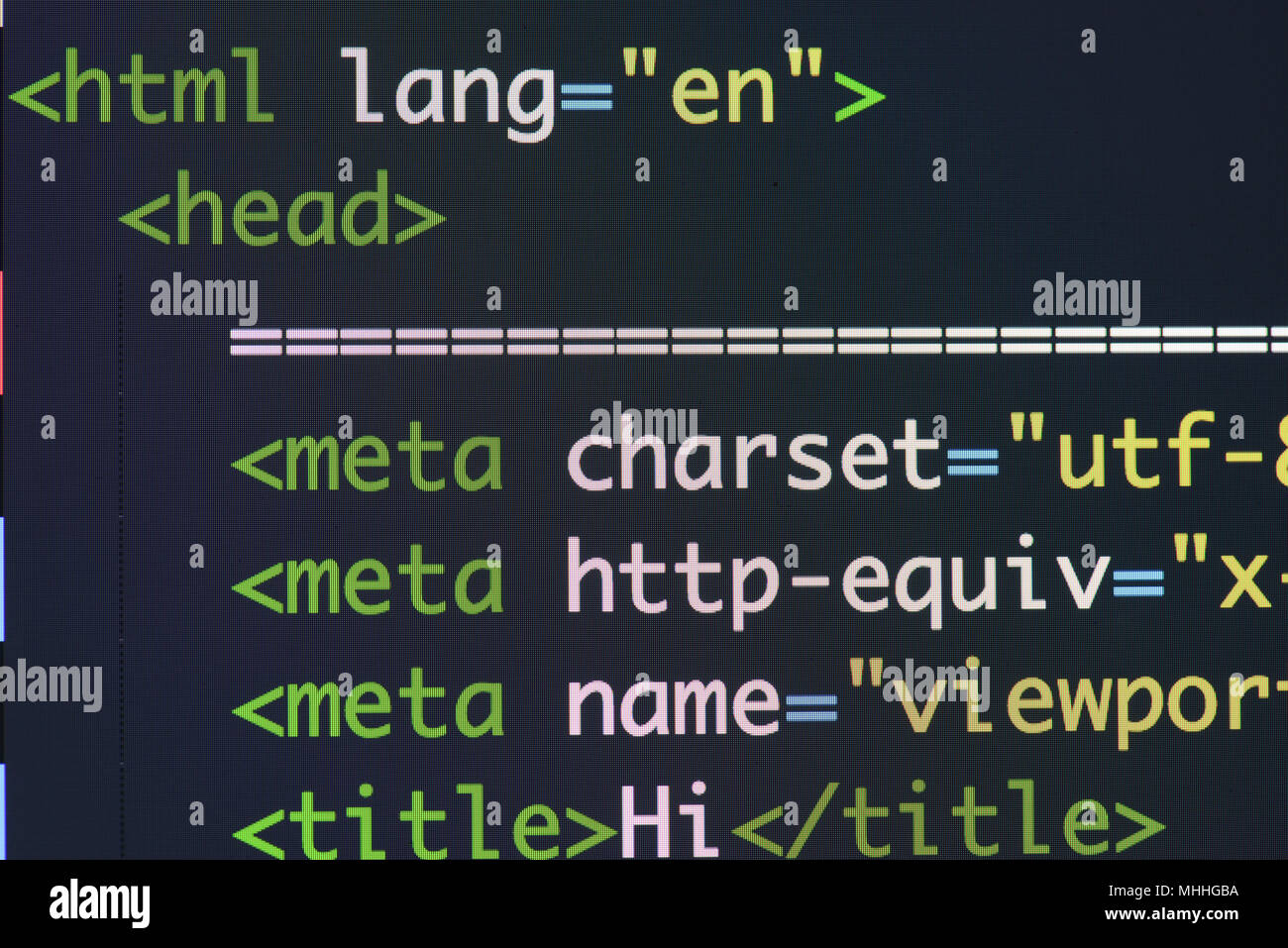 Real Html code developing screen. Programing workflow abstract algorithm concept. Lines of Html code visible. Stock Photo