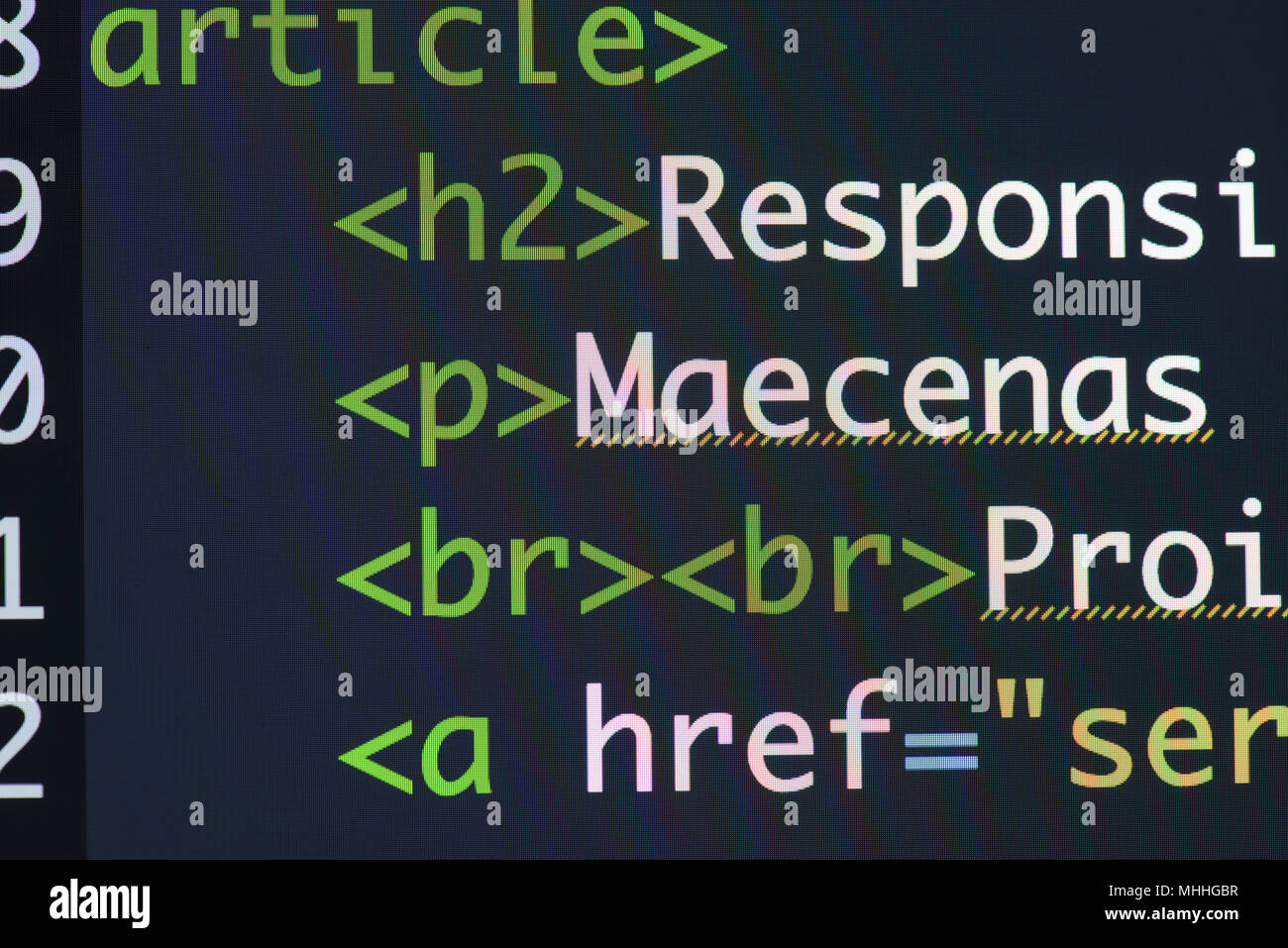 Real Html code developing screen. Programing workflow abstract algorithm concept. Lines of Html code visible. Stock Photo