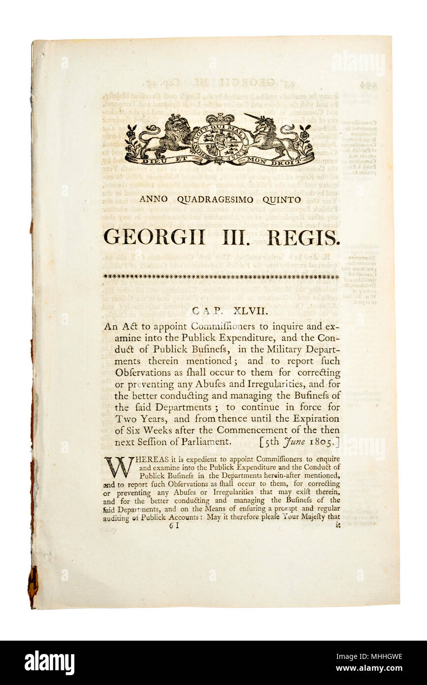 Original Act of Parliament document from 1805 (George III) 'to appoint Commissioners to inquire and examine into the Publick Expenditure' in the... Stock Photo