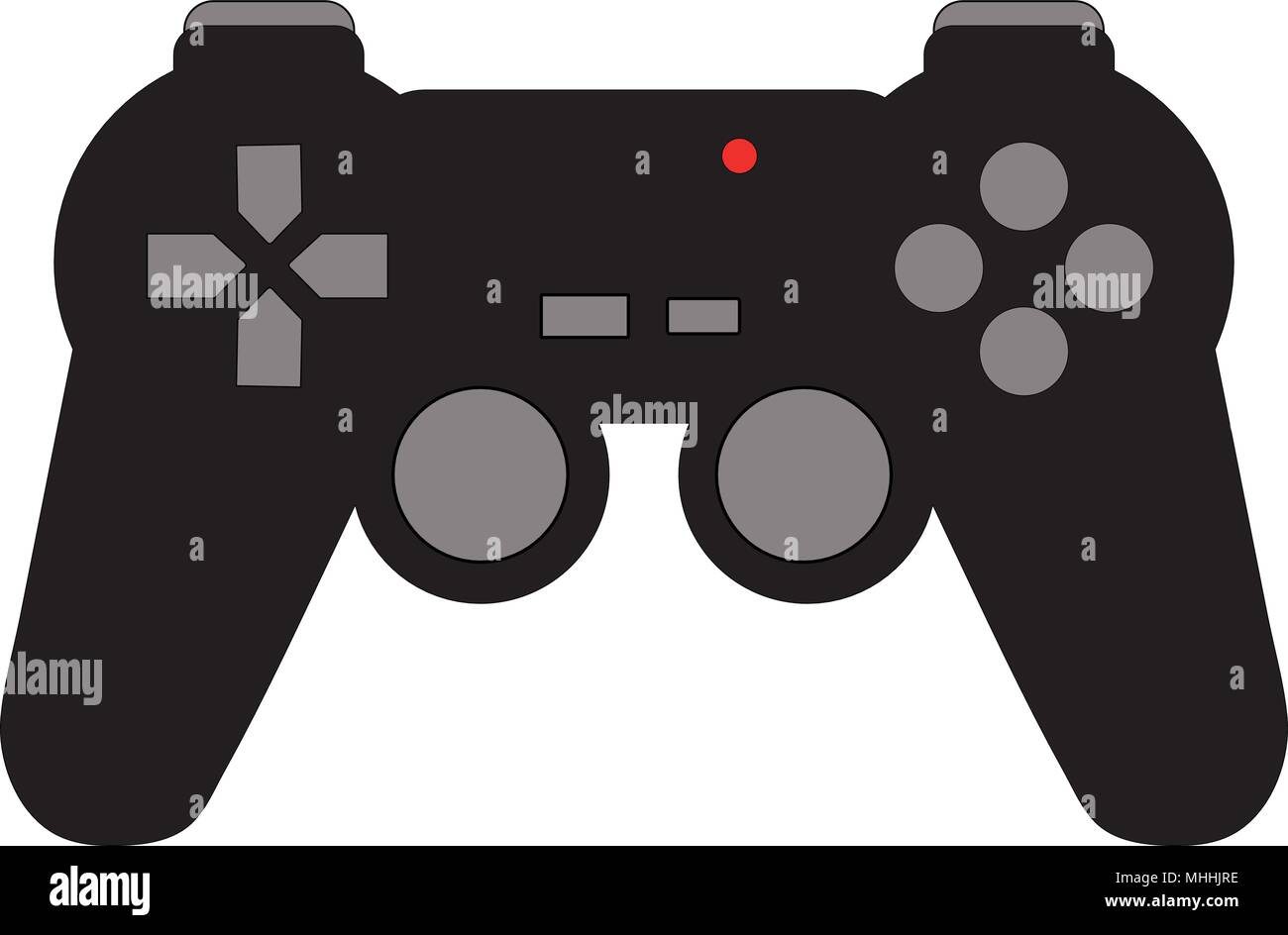Black and grey video game controller isolated. Gamepad with red light and buttons and joysticks. Icon or logo with gaming concept. Stock Vector
