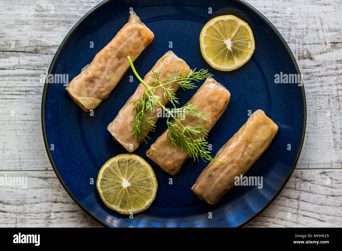 Turkish Lahana Sarmasi / Cabbage Rolls in a dark blue plate. Stock Photo