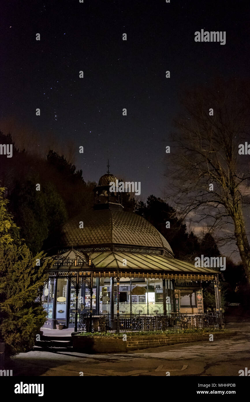 The Victorian cafe in the Valley Gardens, Harrogate at night with the