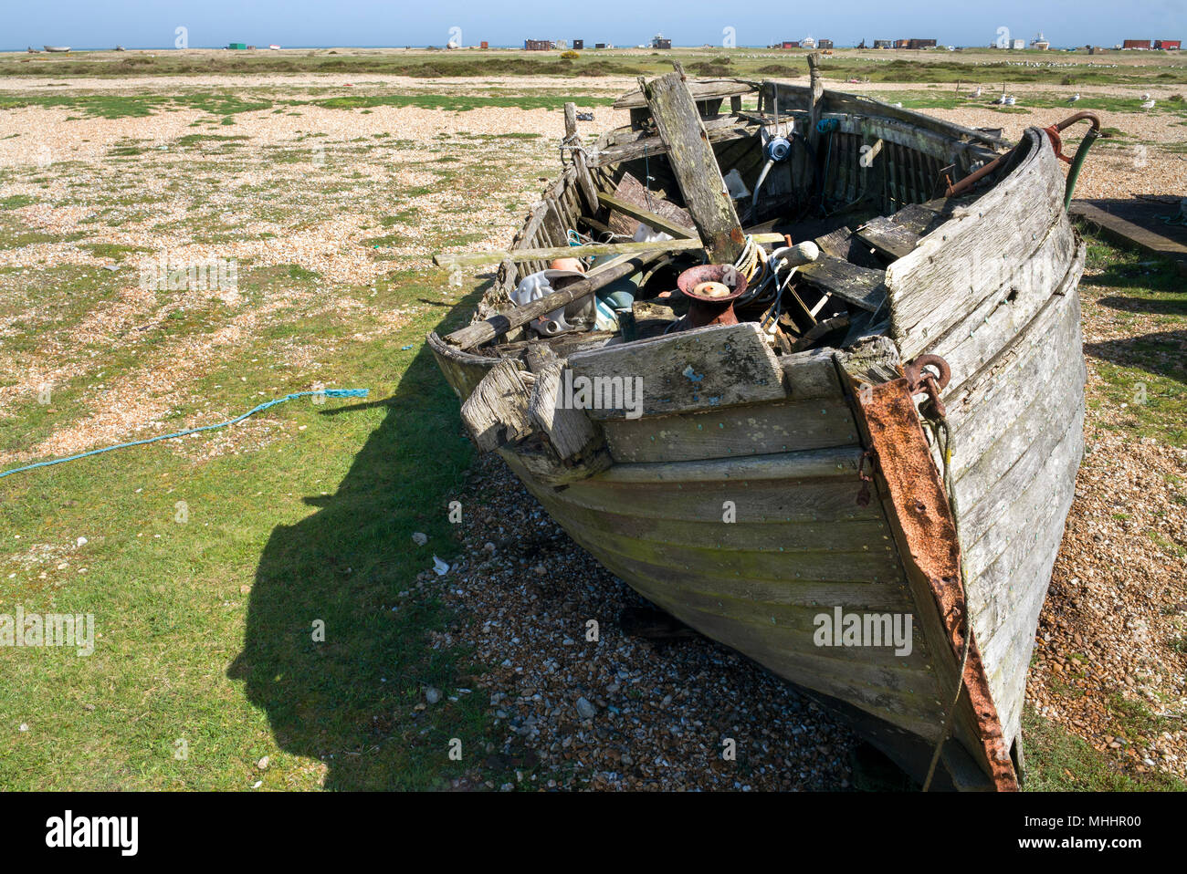 Old fishing boat wreck on Dungeness beach Stock Photo - Alamy