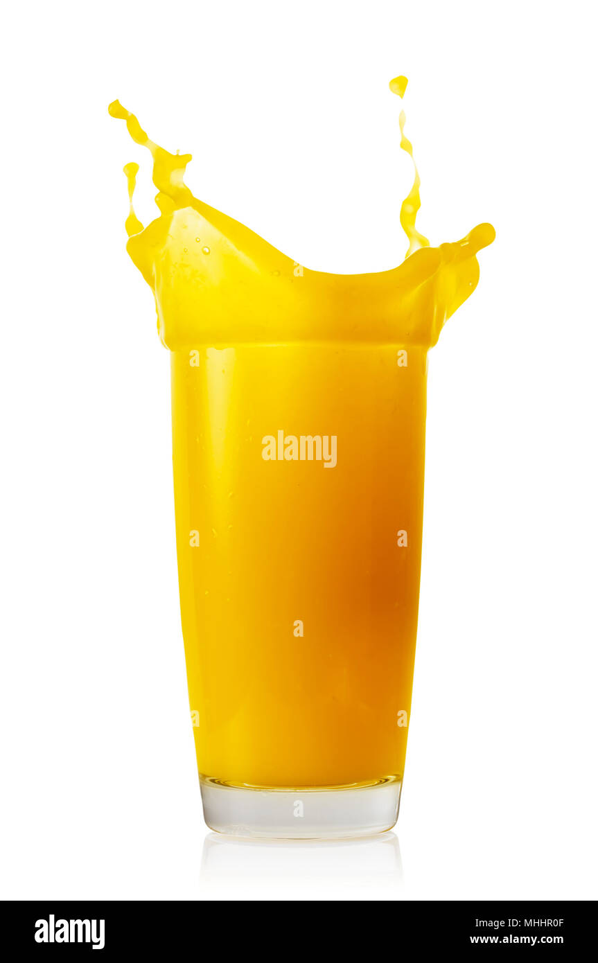 Splash in transparent tall glass of orange juice Stock Photo - Alamy