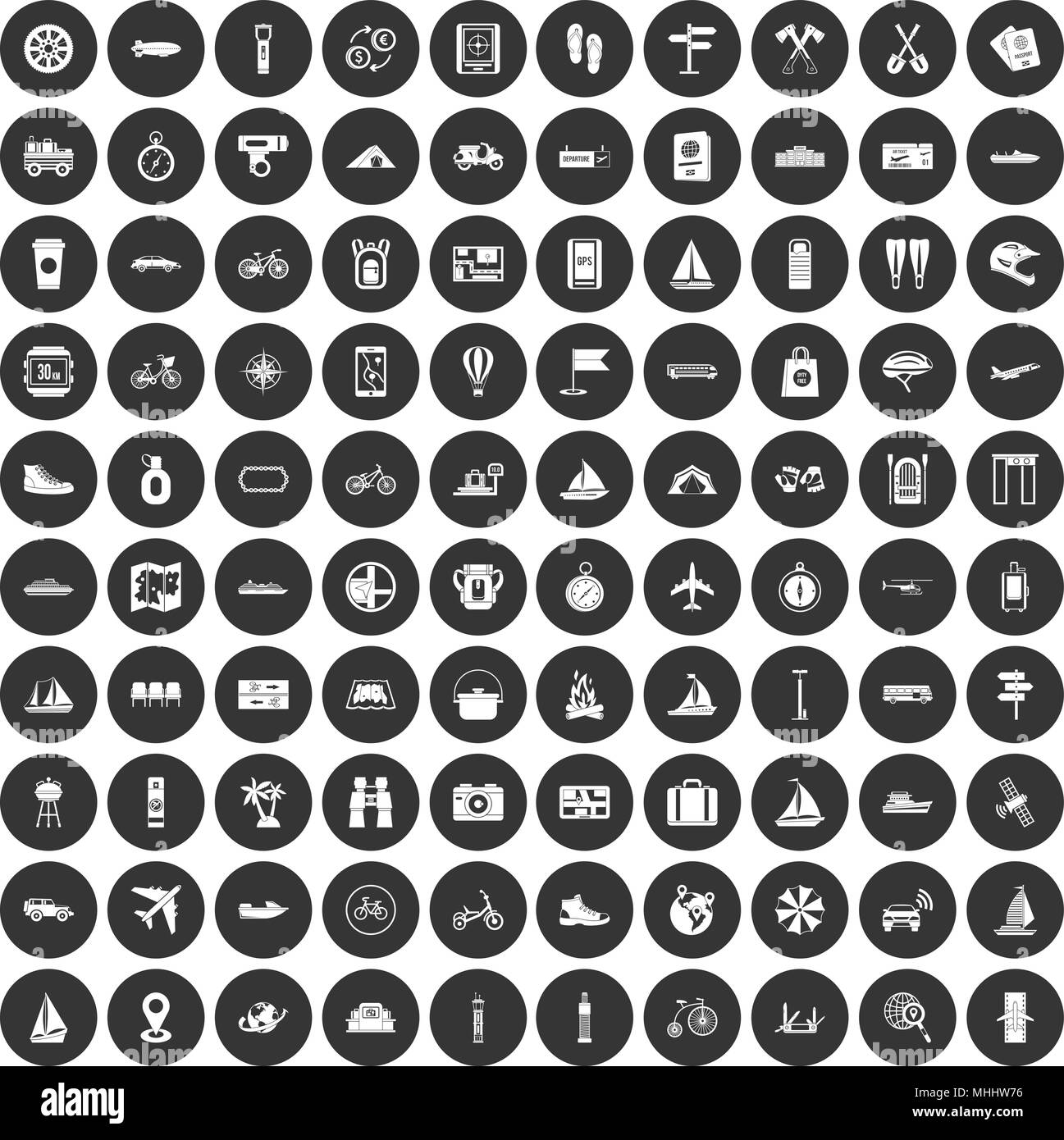 100 voyage icons set black circle Stock Vector