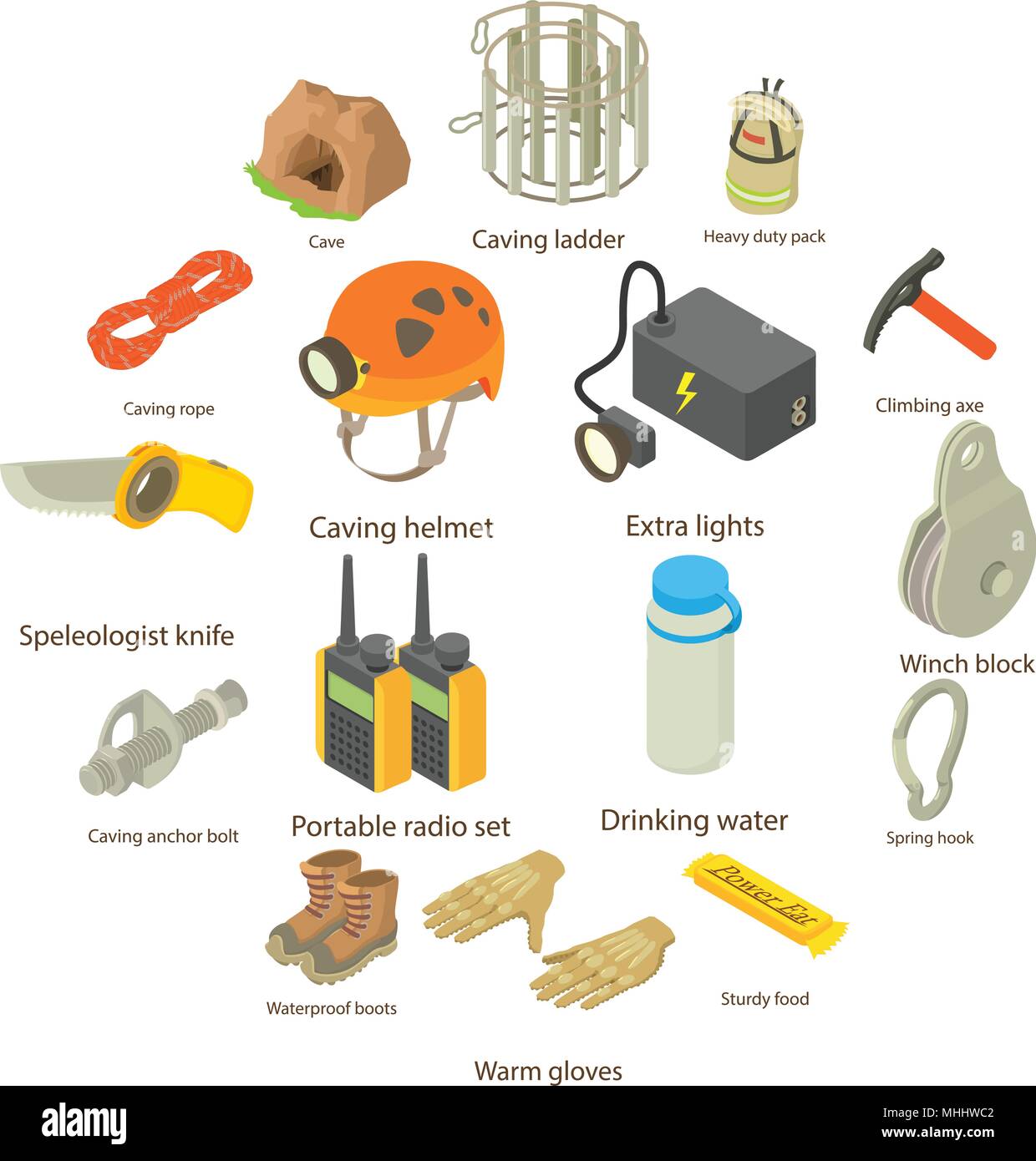 Speleologist icons set, isometric style Stock Vector