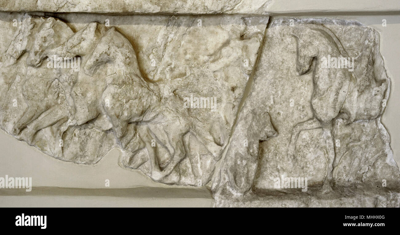 Honorary decree for Arybbas, king of the Molossoi of Epirus. Relief: olive and laurel wreaths are reminiscent of the equestrian victories of Arybbas in the Olympian and Pythian Games. 343-342 BC. Detail. Acropolis Museum. Athens. Greece. Stock Photo
