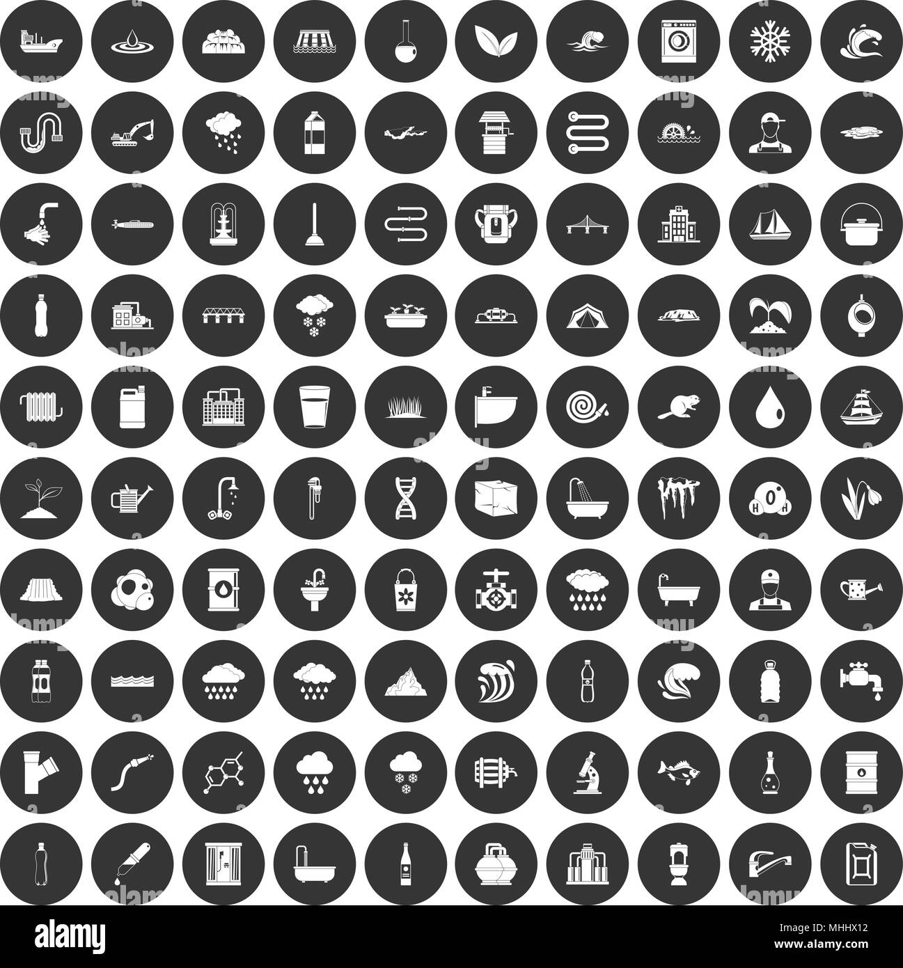 100 water supply icons set black circle Stock Vector