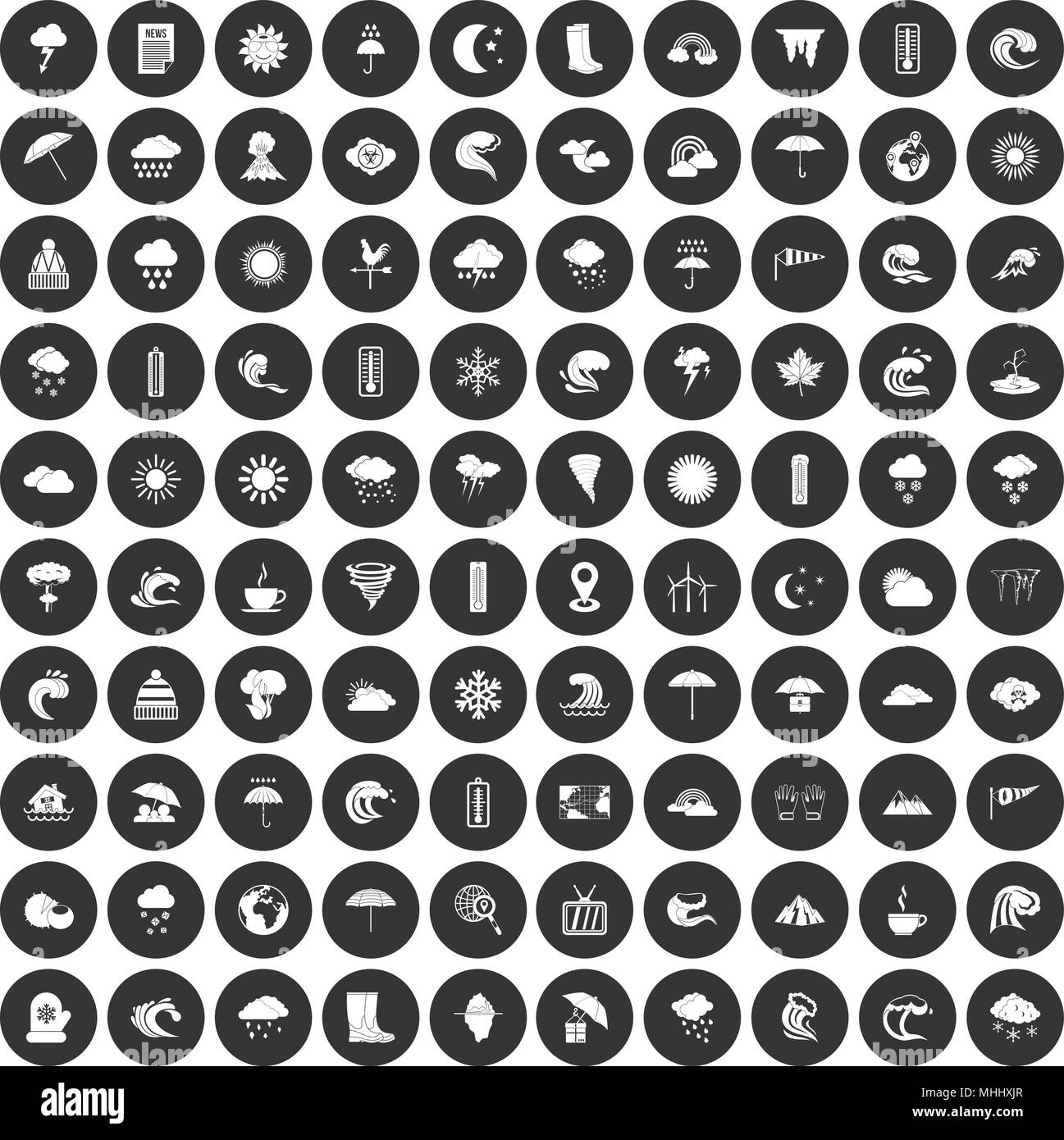 100 weather icons set black circle Stock Vector
