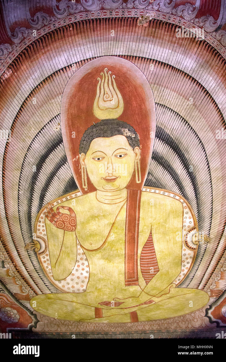 Dambulla Sri Lanka Dambulla Cave Temples - Cave II  Maharaja Viharaya Cave Painting Of Buddha In Vitarka Mudra Gesture Of Discussion And Transmission  Stock Photo