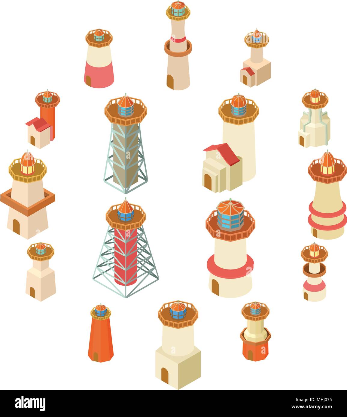 Lighthouse icons set, isometric style Stock Vector