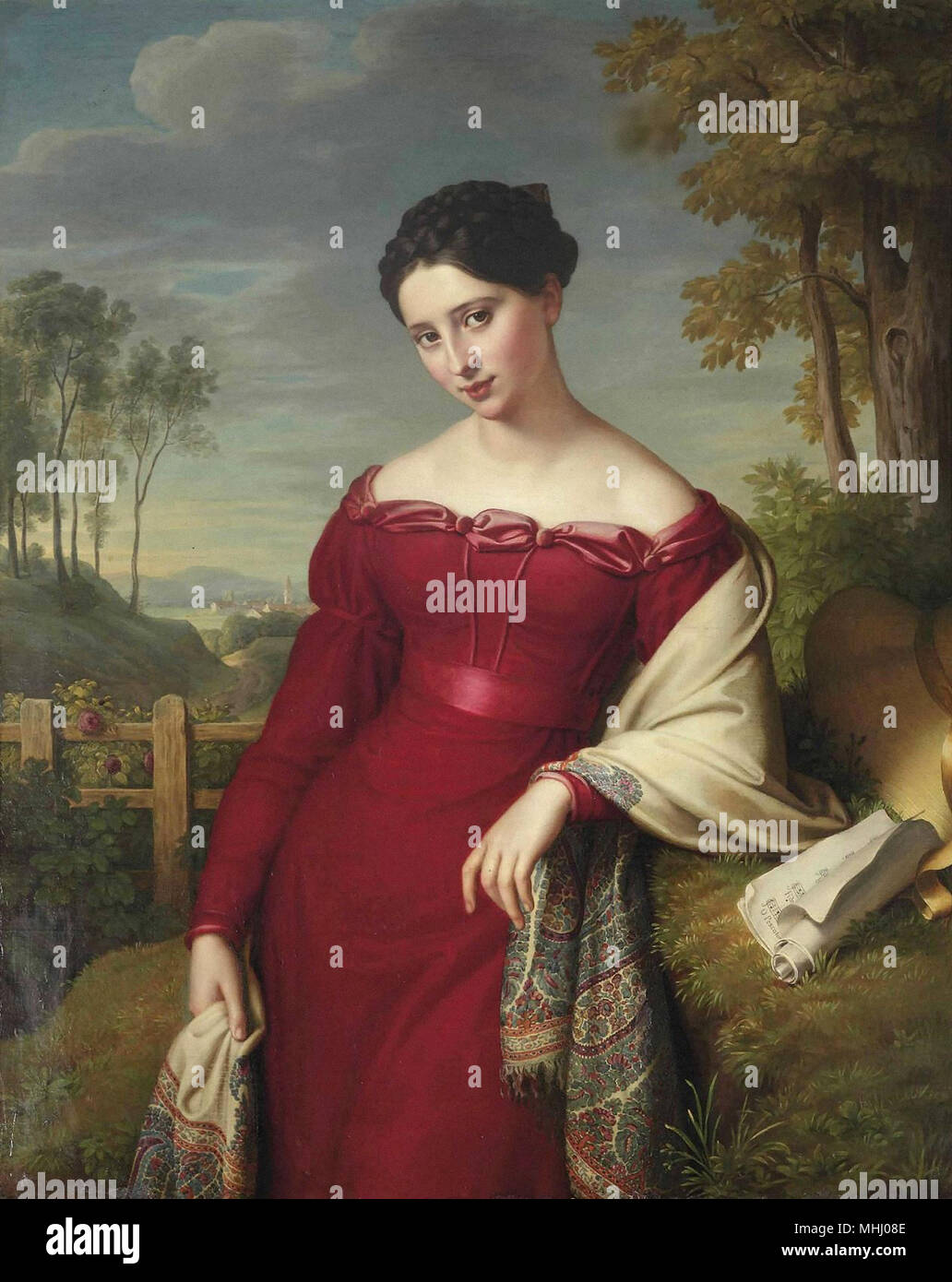 the lady with the red dress Leybold Eduard Friedrich - Portrait of a Young in a a Paisley Shawl Stock Photo Product ID:AP1D105353_AK412_M