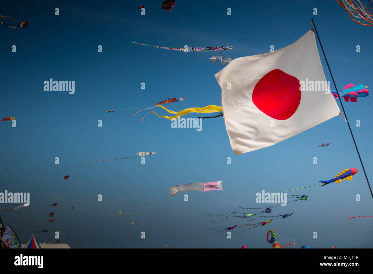 Japan flag with blue sky and kites in the background. Background or wallpaper with copyspace