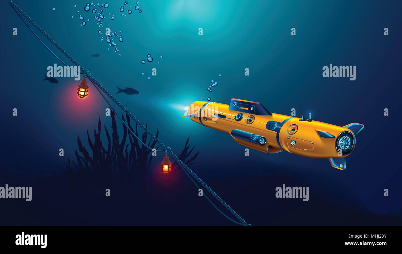 Autonomous underwater drone or robot with camera exploration seabed. Seabed underwater and rays of sunlight shining through water. Stock Vector