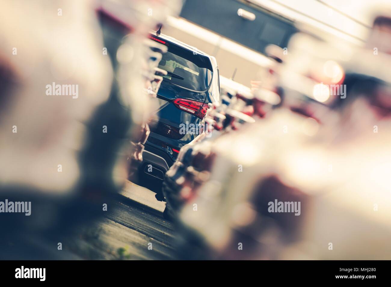 Dealership Cars Alley and the Modern Sport Utility Car at the End. Automotive Theme. Vehicle Dealer Lot. Stock Photo