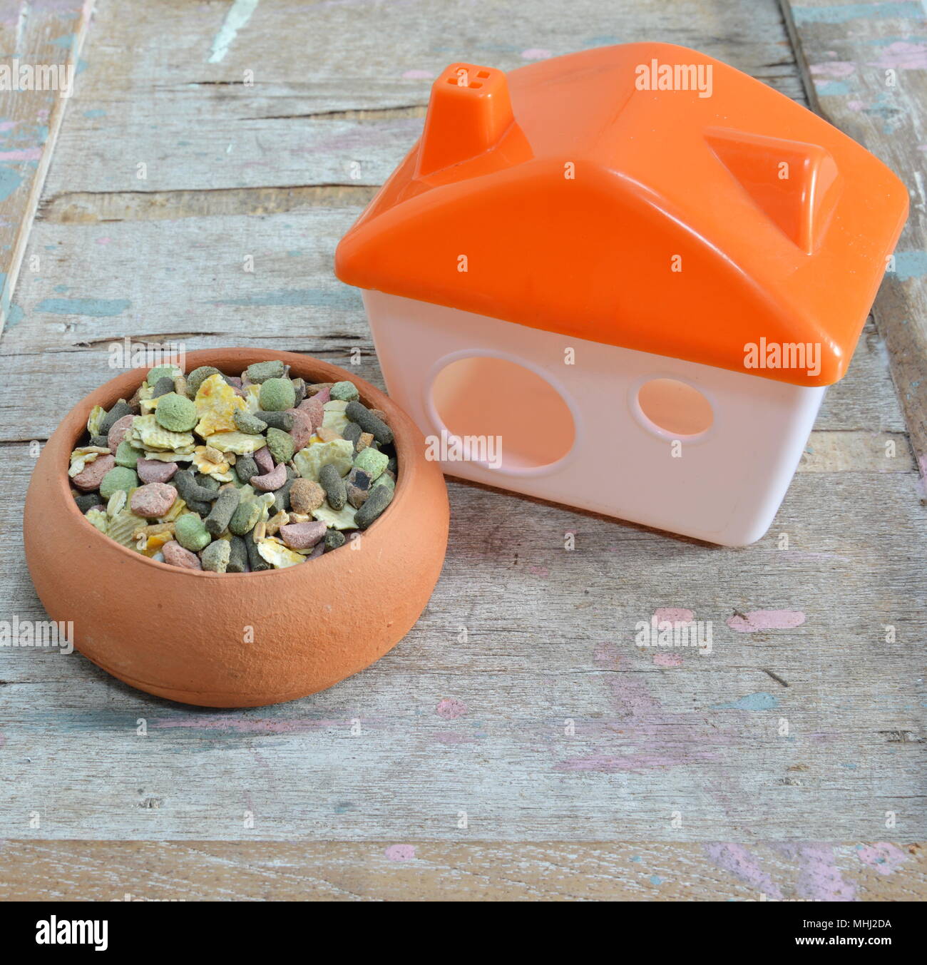 hamster food in pottery and plastic home on wooden board Stock Photo