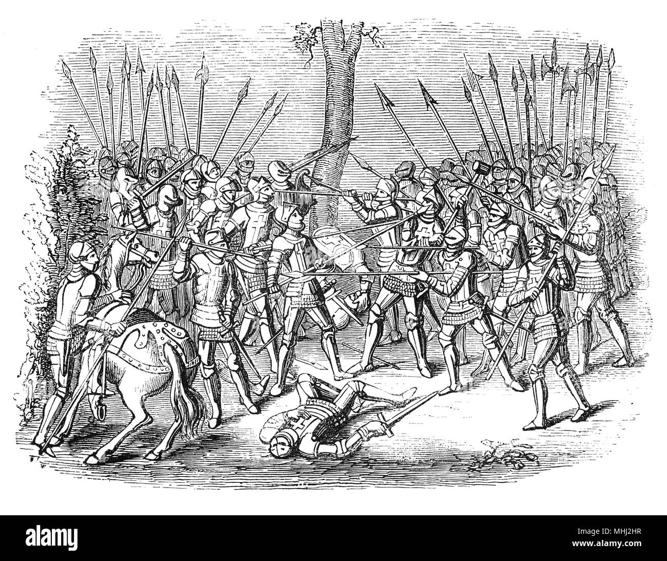 The Melee was a type of mock combat in medieval tournaments with the aim of smashing into the enemy in massed formation, with the aim of throwing them back or breaking their ranks.  The tournament had a resurgence of popularity in England in the first half of the 14th Century, however it  died out during the reign of Edward III who encouraged the move towards pageantry and a predominance of jousting in his sponsored events. In the last true tournament held in England in 1342 at Dunstable, the mêlée was postponed so long by jousting that the sun was sinking by the time the lines charged. Stock Photo