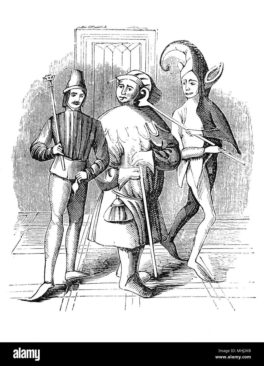 A buffoon and court fool during the medieval and Renaissance eras. They were employed to entertain the monarch or noblemen and his guests. They are thought to have worn brightly coloured clothes and eccentric hats in a motley pattern whilst making music and storytelling, along with acrobatics, juggling, telling jokes, and magic tricks.  In similar vein, buffoon is a term for someone who provides amusement through inappropriate appearance or behavior. Stock Photo