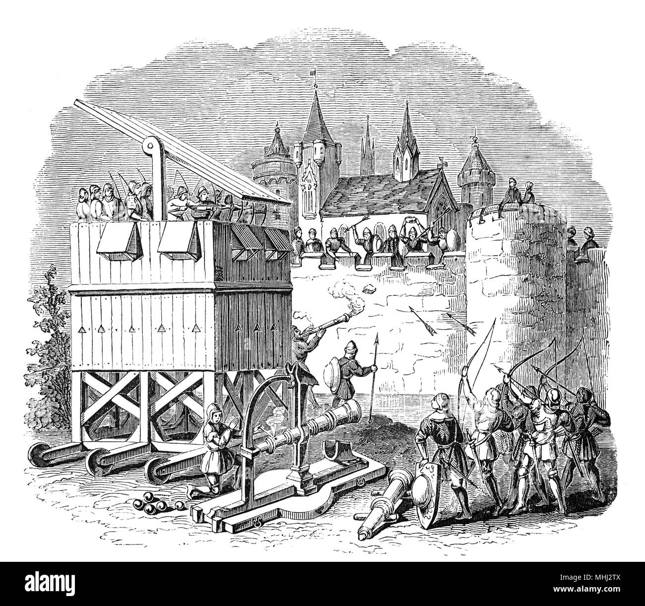 A siege tower in the 15th Century from which longbows and crossbows could be used in siege warfare. They were used along side Cannon that replaced the various types of catapults but still included a wide variety of siege engines like scaling ladders and battering rams. Stock Photo