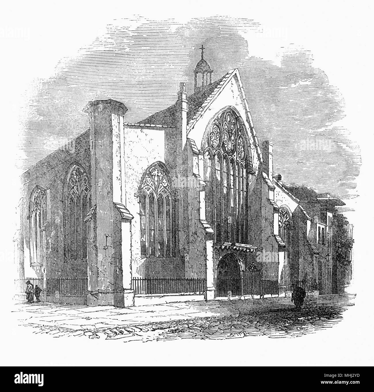 A 19th Century view of the Dutch Church, Austin Friars before it was destroyed during the London Blitz. It was located on the site of the 13th-century Augustinian friary and after it was dissolved in 1538, it was granted to Protestant refugees for church services in 1550 by King Edward VI.  By 1570, the Dutch community was the largest group of expatriates in London, half of them were Protestants who fled the Flemish Low Countries due to religious persecution. Others were skilled craftsman who came to England for economic opportunities. Stock Photo