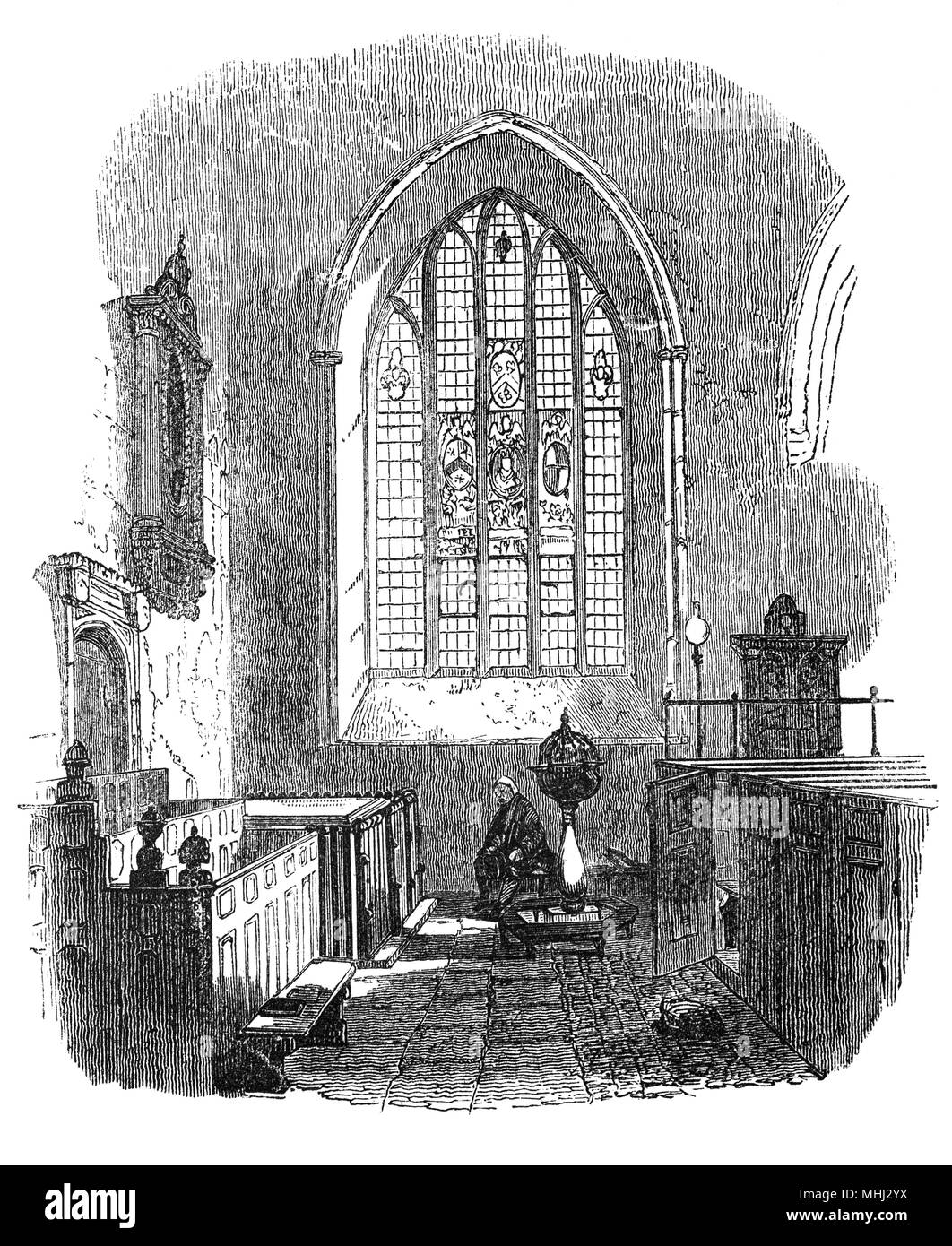 Then interior of St Helen's,  an evangelical Anglican church located off Bishopsgate in London. It  contains more monuments than any other church in Greater London except Westminster Abbey and was the parish church of William Shakespeare when he lived in the area in the 1590s.  The church of St Helen dates from the 12th century and a priory of Benedictine nuns was founded there in 1210. It is the only building from a nunnery to survive in the City of London. Stock Photo