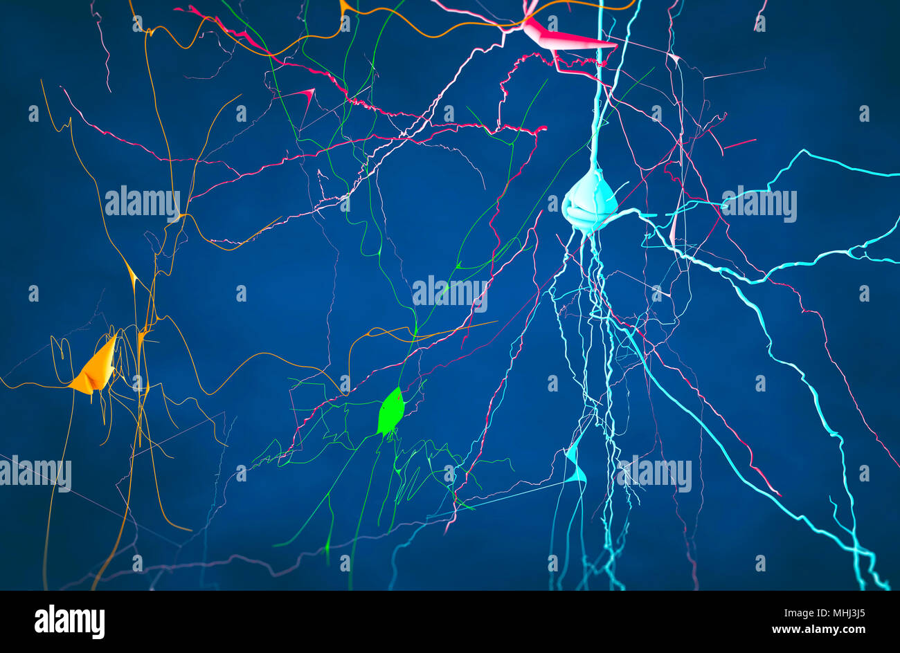 Brain, neurons, synapses, neural network circuit of neurons, degenerative diseases, Parkinson, 3d rendering Stock Photo