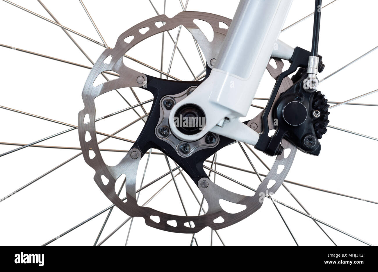 Hydraulic front disc brake on mountain bike. Isolated on a white background  Stock Photo - Alamy