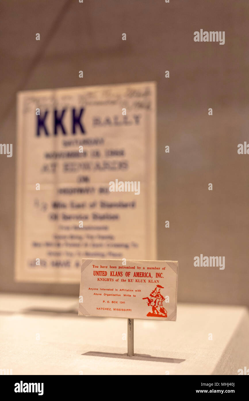 Jackson, Mississippi - A calling card from the Ku Klux Klan at the Mississippi Civil Rights Museum. The museum focuses on the movement which upended p Stock Photo