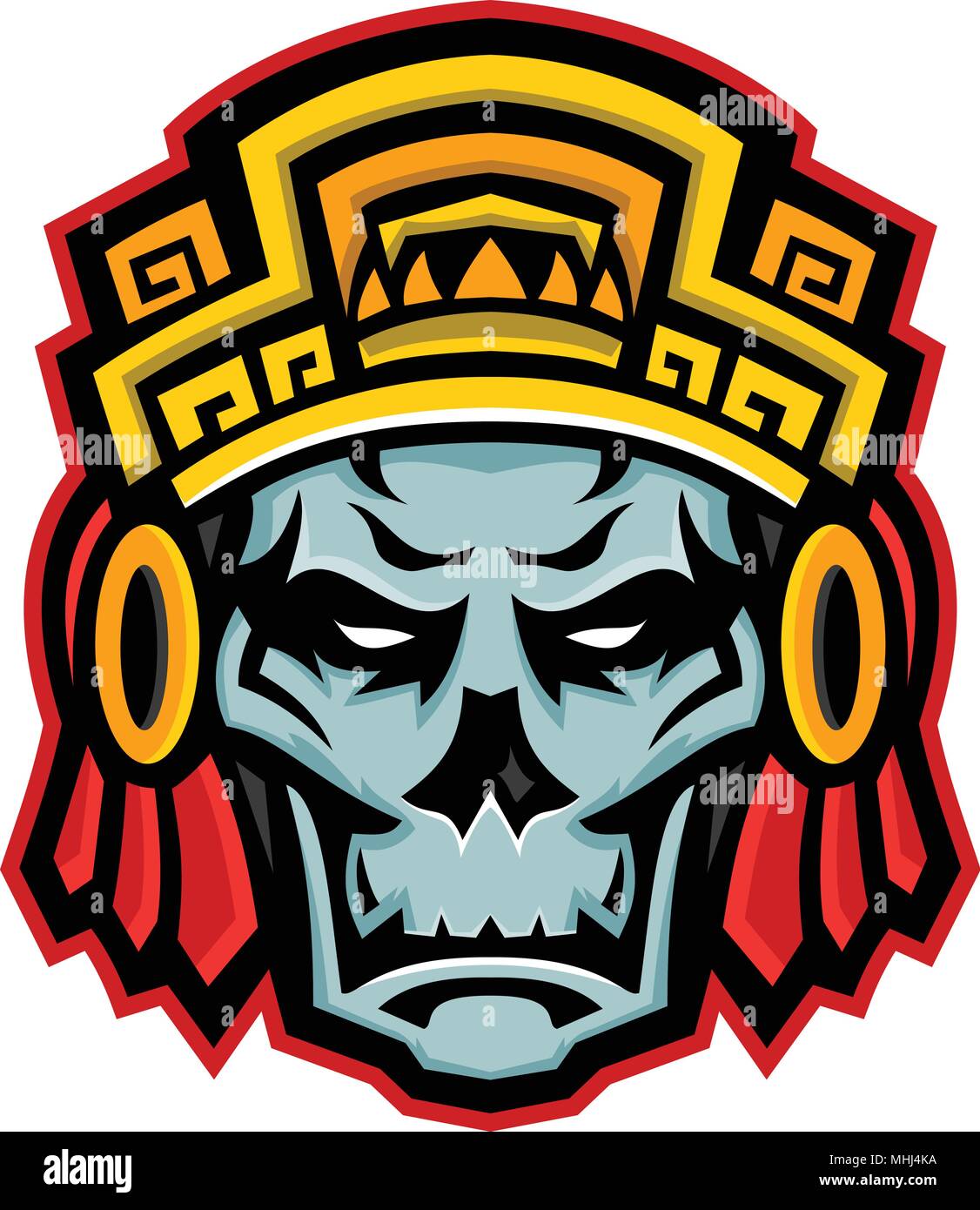 Mascot icon illustration of a skull of a noble Aztec warrior wearing wood helmet or headdress viewed front on isolated background in retro style. Stock Vector