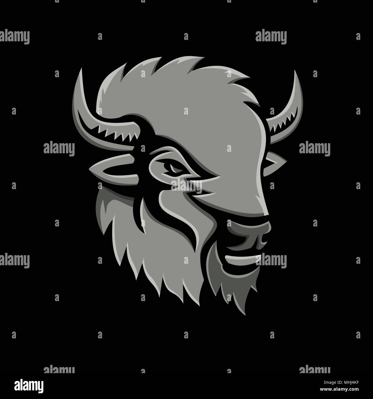 Metallic style flat icon or mascot illustration of an American bison or ...