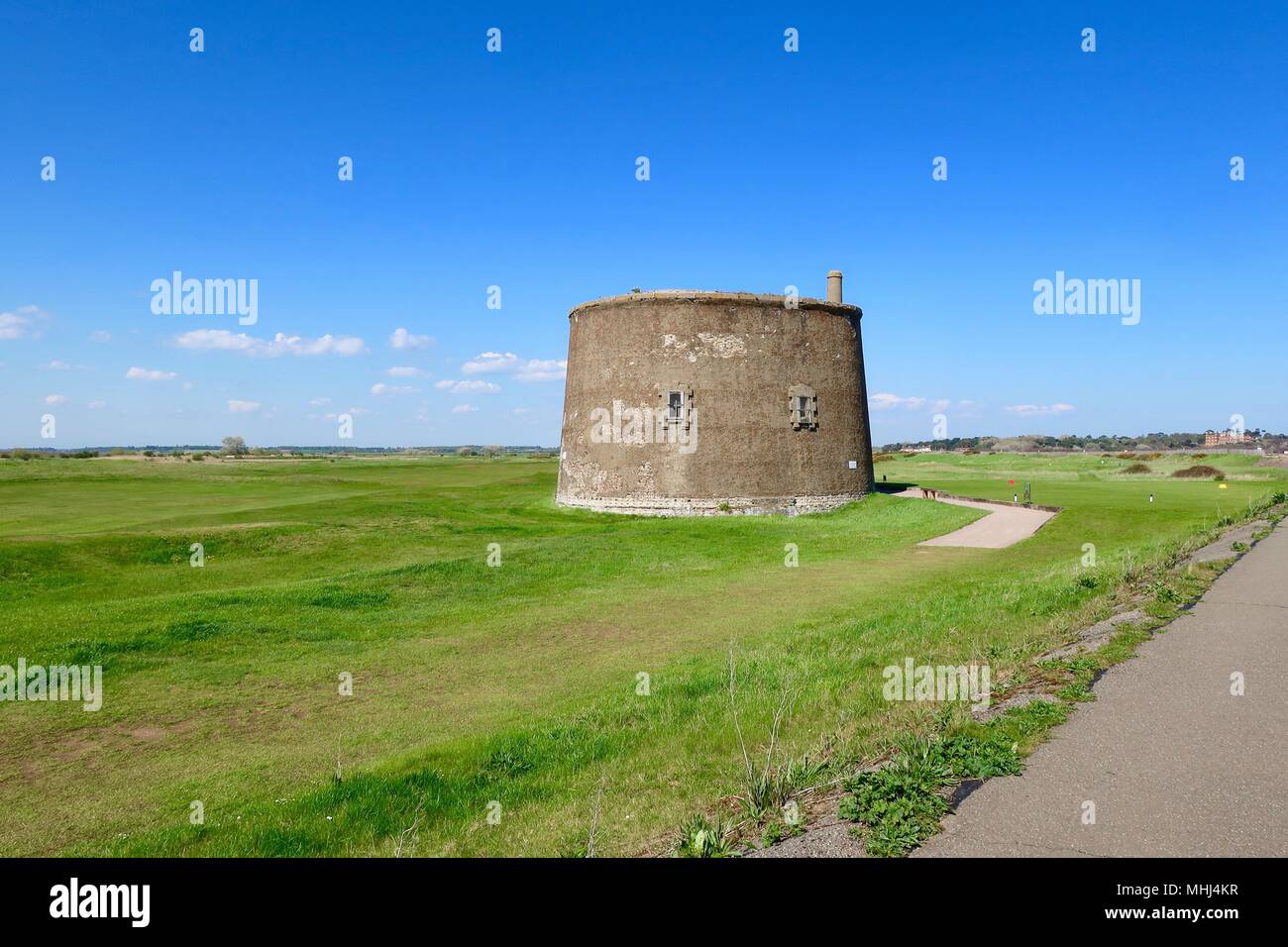 Martello tower on the golf course. Felixstowe Ferry golf club. Bright sunny spring afternoon. May 2018. Stock Photo