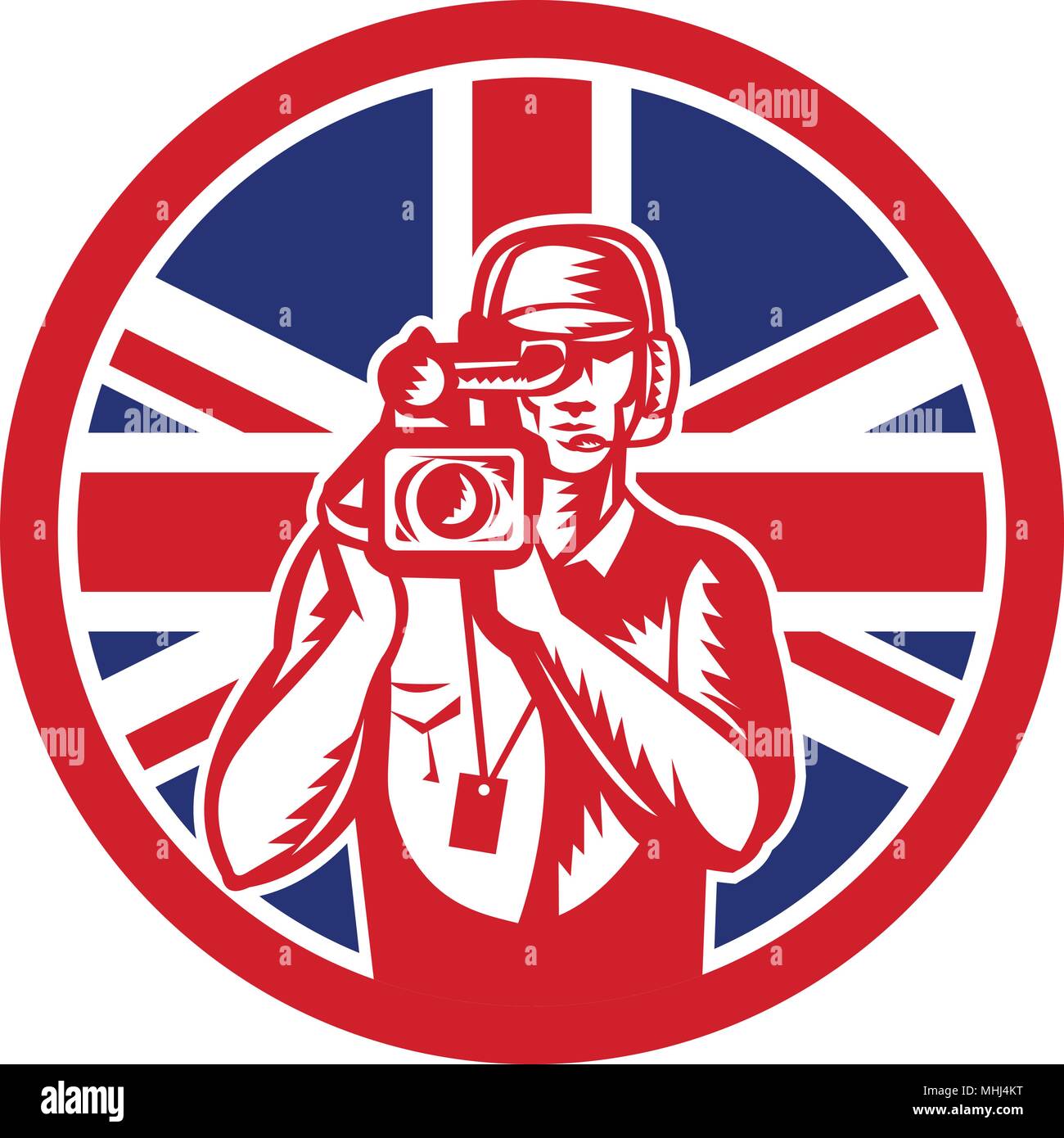 Icon retro style illustration of a British cameraman or camera operator for motion pictures, film or television with United Kingdom UK, Great Britain  Stock Vector