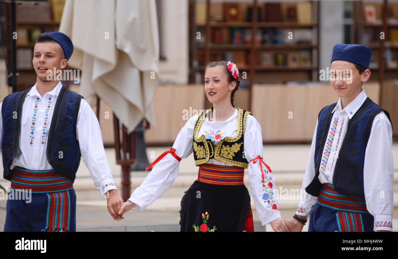 Serbian traditional folk dancers. Andricgrad, Visegrad, Bosnia & Herzegovina Stock Photo