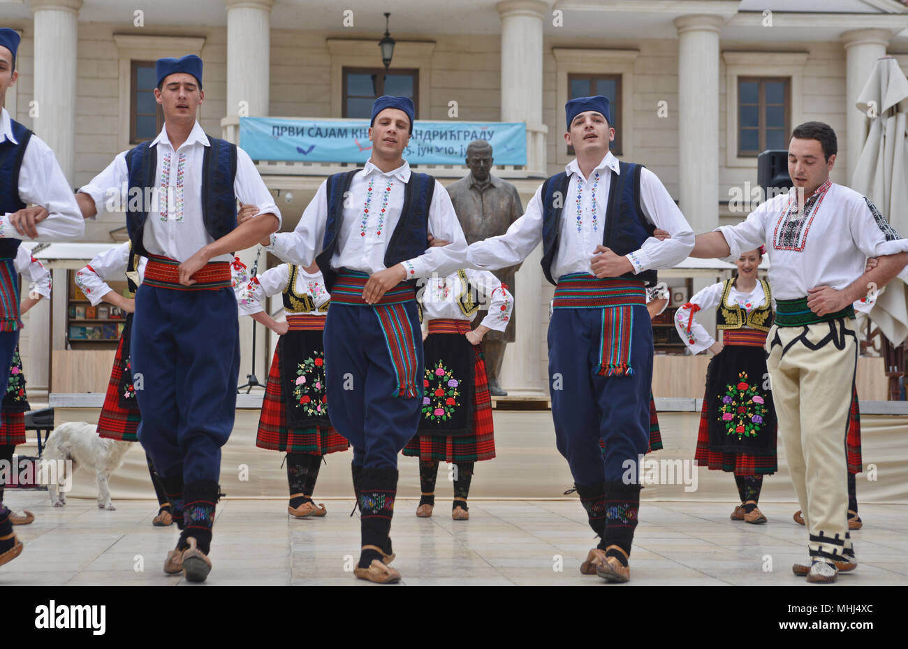 Serbian traditional folk dancers. Andricgrad, Visegrad, Bosnia & Herzegovina Stock Photo