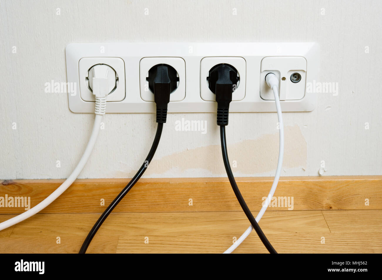 Electric and aerial outlet sockets, electric plugs and cables Stock