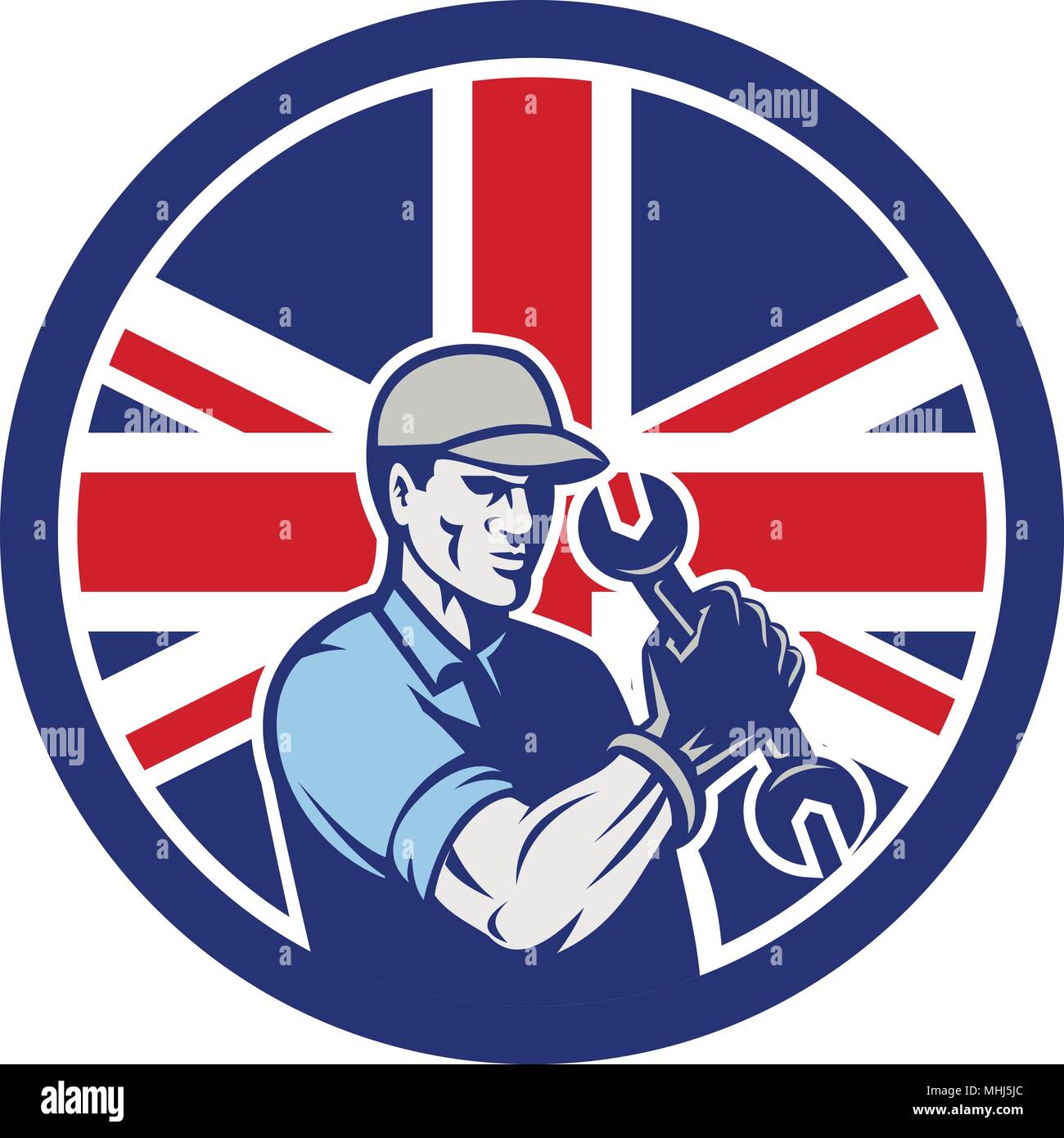 Icon retro style illustration of a British auto mechanic or industrial maintenance mechanic holding wrench with United Kingdom UK, Great Britain Union Stock Vector