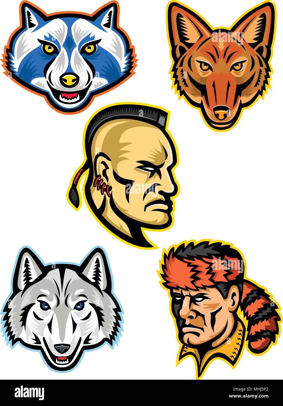 Mascot icon illustration set of heads of American wildlife and folklore heroes like the Artic wolf, jackal, Mohawk warrior, raccoon and Davy Crockett, Stock Vector