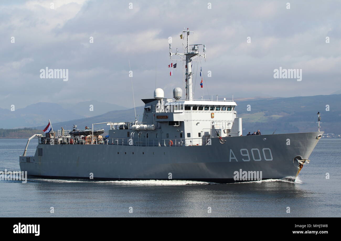 HNLMS Mercuur (A900), a submarine support vessel operated by the Royal Netherlands Navy, passing Greenock on arrival for Exercise Joint Warrior 18-1. Stock Photo