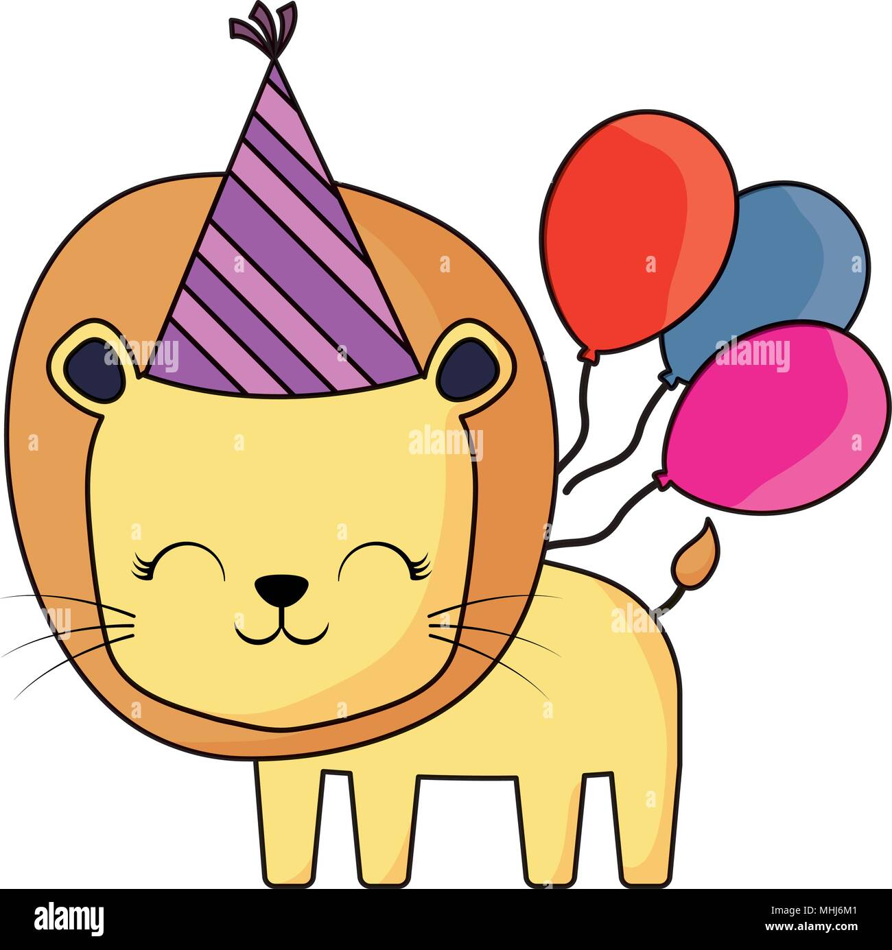 happy birthday design with cute lion with birthday hat and balloons ...