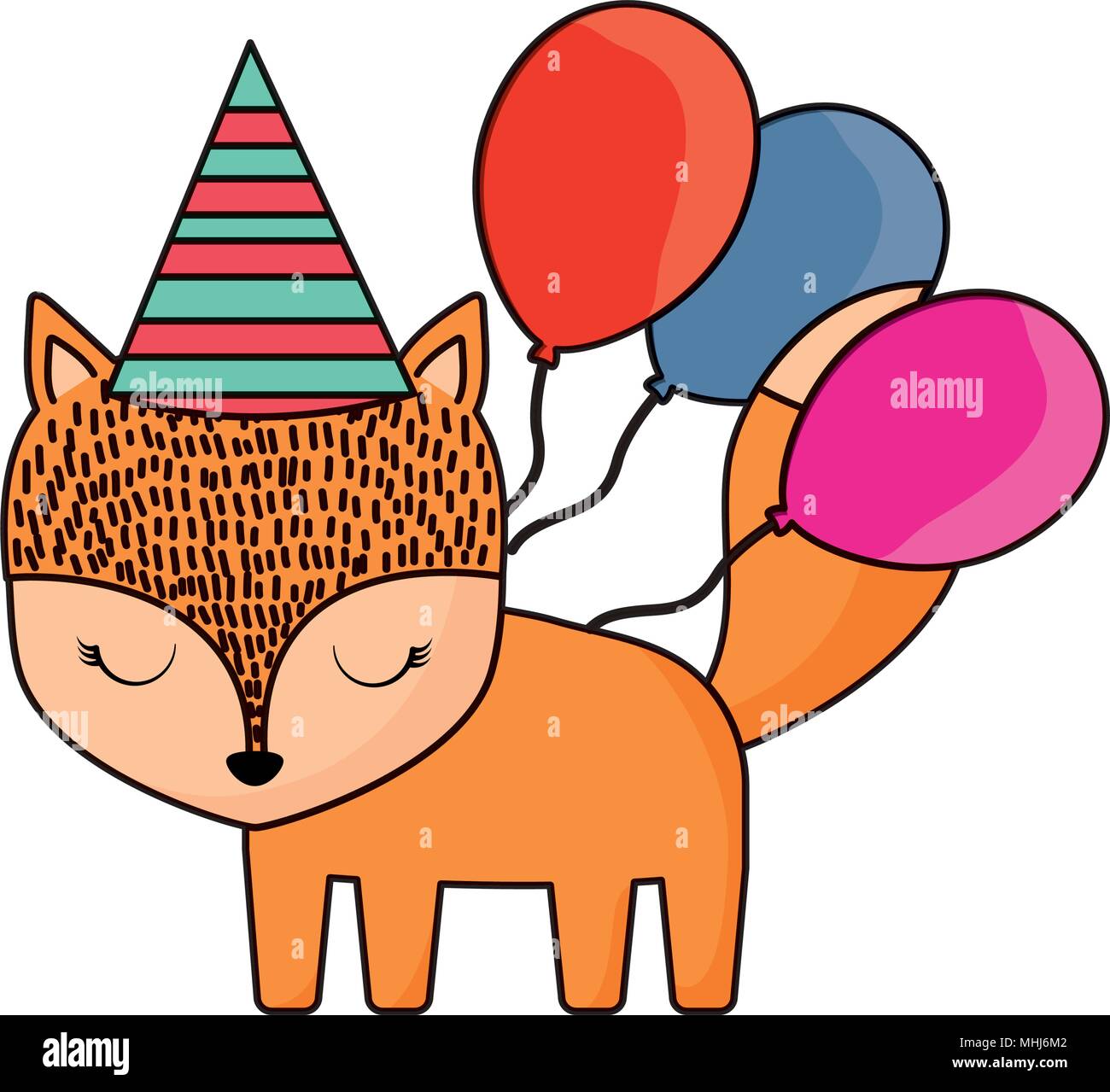 happy birthday design with cute fox with birthday hat and balloons over ...